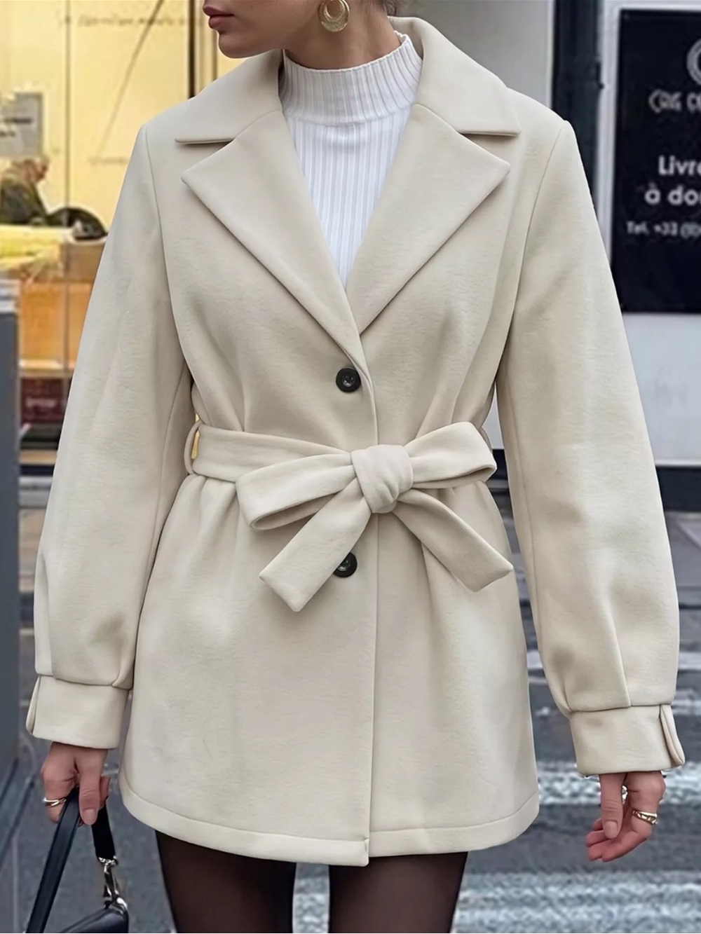 ⭐️ Cream Belted Lapel Collar Button Up Coat